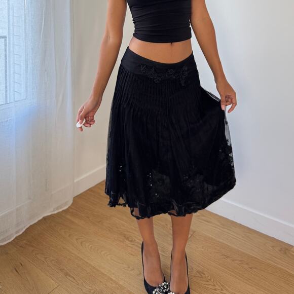 Vintage Euro Black Silk-Blend Embellished Midi Skirt with Sequins (M) - Picture 1 of 10